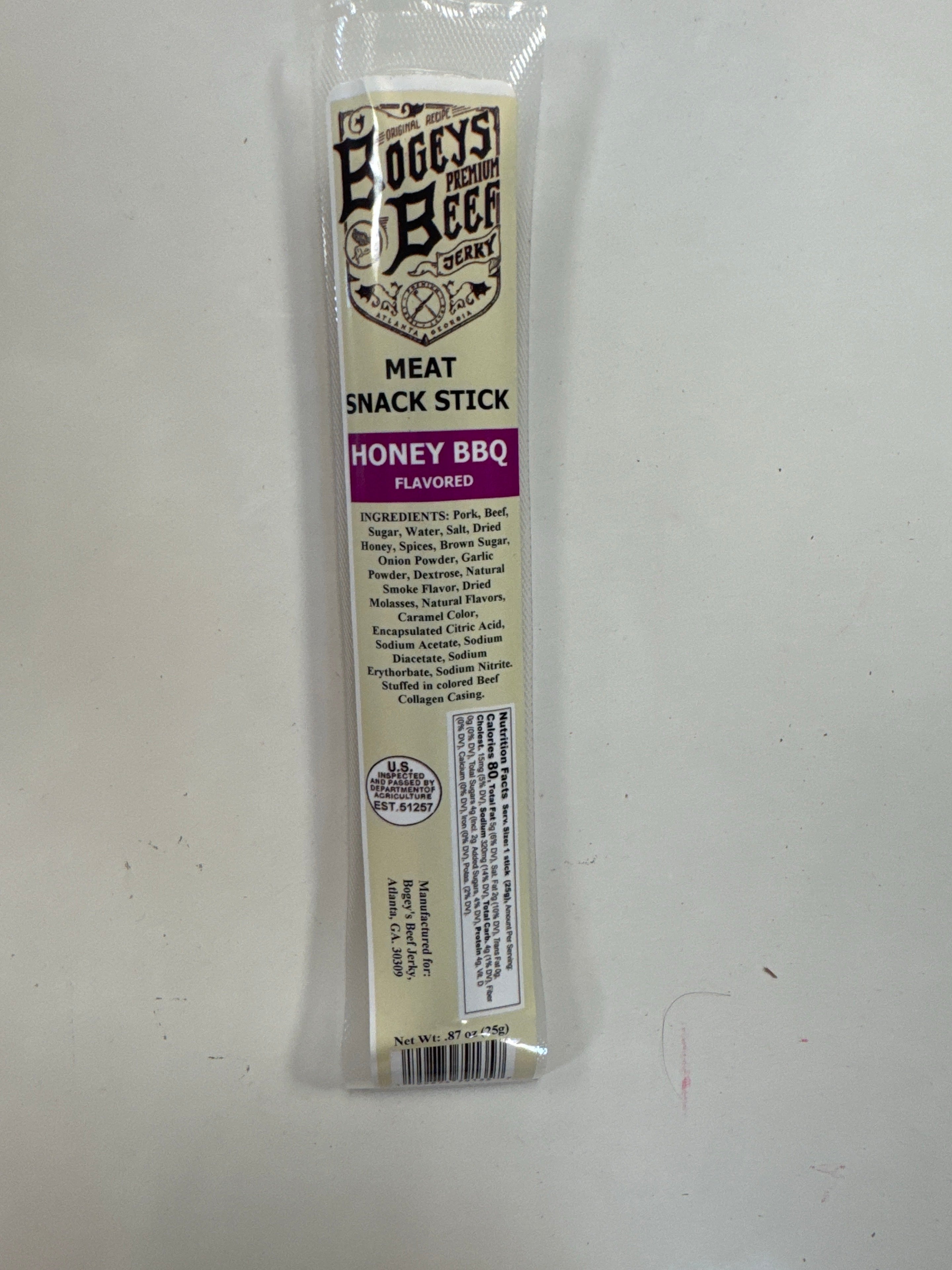 Bogeys Beef Honey BBQ individually wrapped meat snack stick