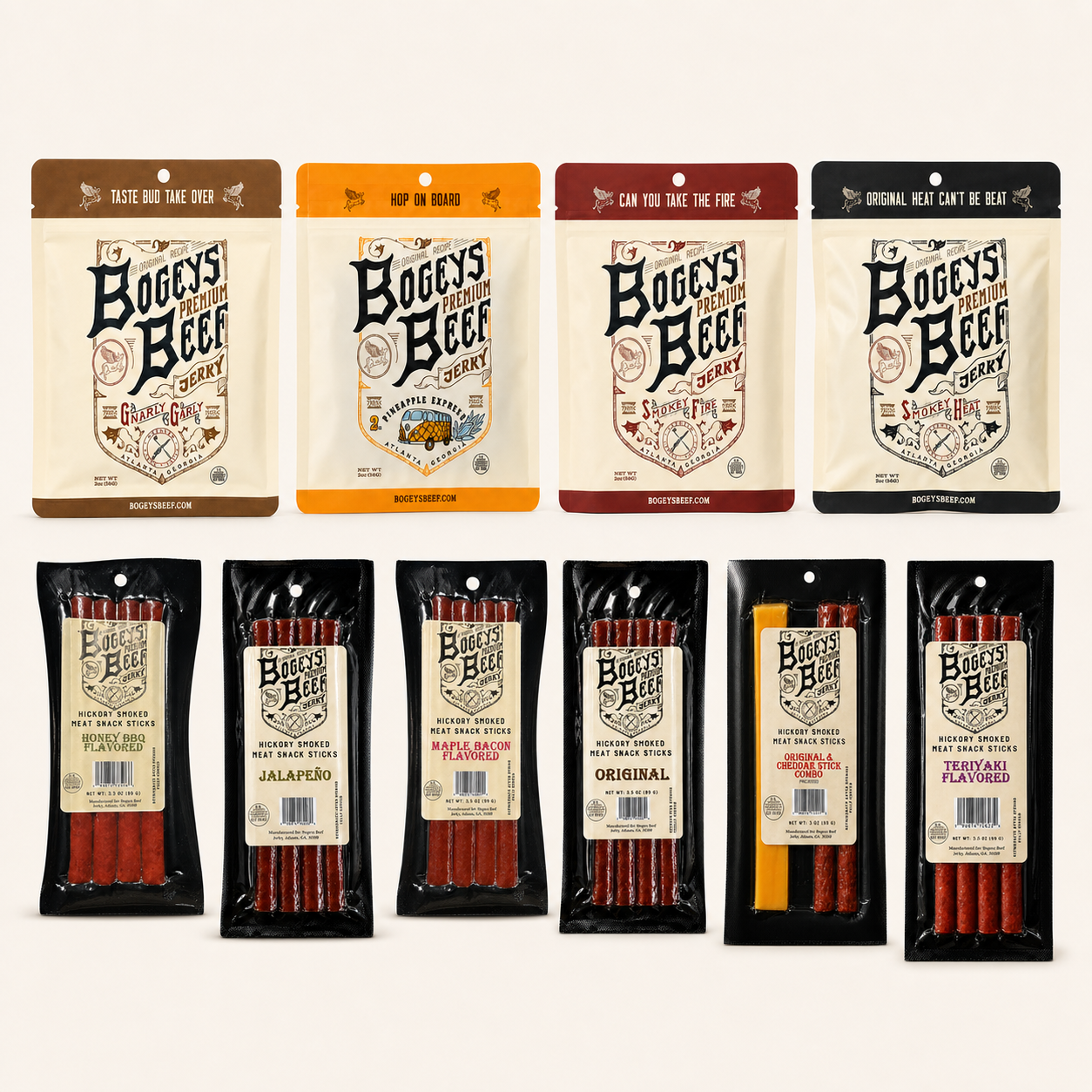 Double Bogey bundle choices with four jerky bags and six current meat stick flavors