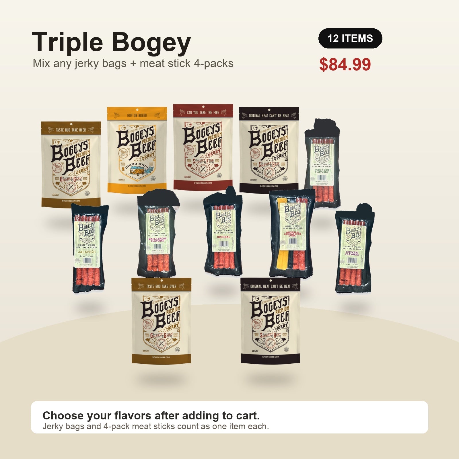 Triple Bogey bundle with jerky bags and meat stick 4-packs