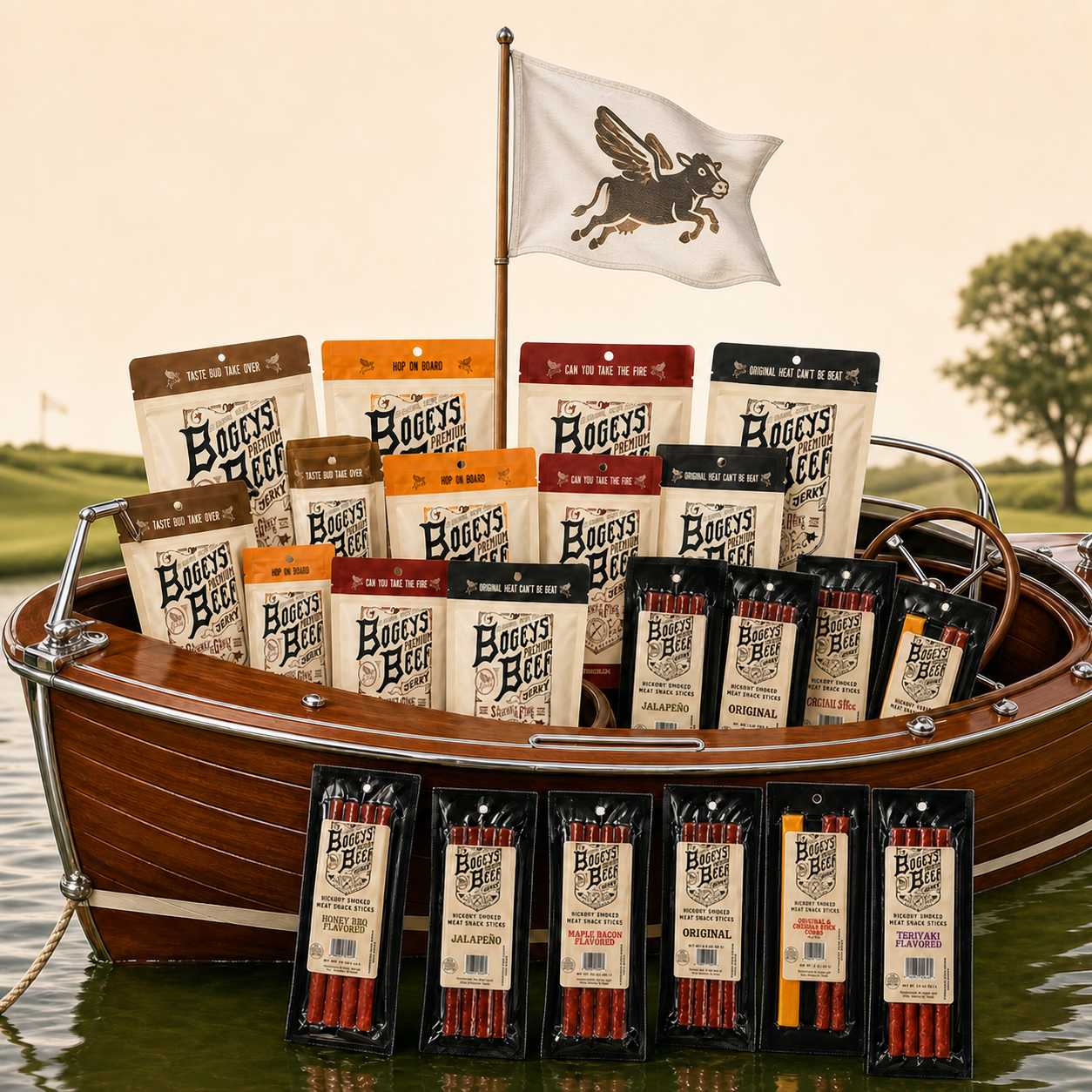 The Bogeys ⛳️ Boatload with jerky and meat sticks in a wooden boat beneath a flying cow golf flag